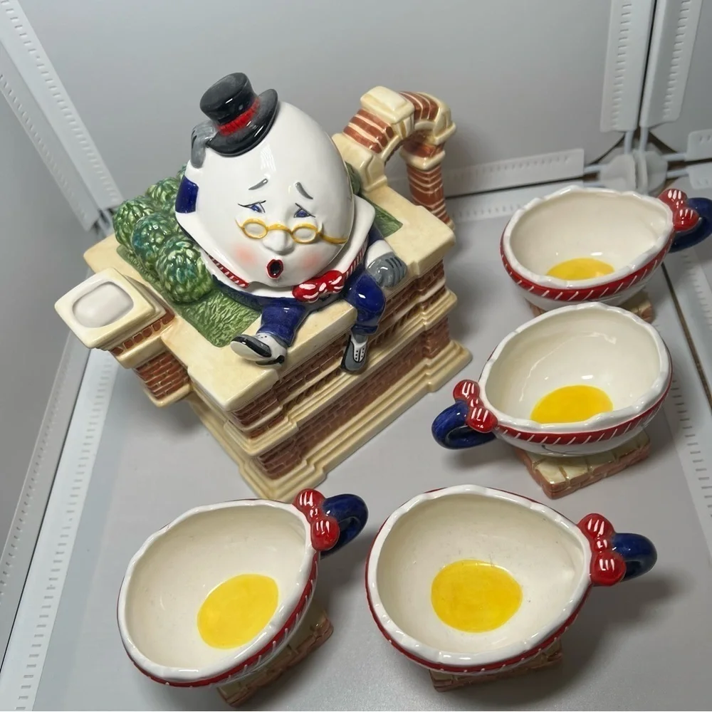 Dept. 56 Storybook “Humpty Dumpty” Handpainted Teapot & Cups